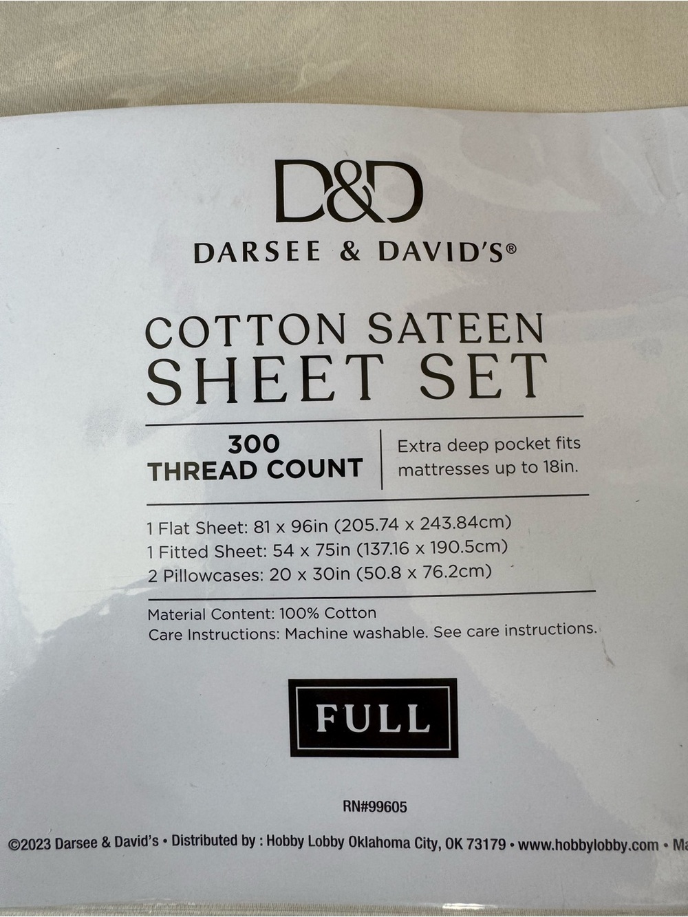 Cotton Sateen Full Sheet Set in Cream NWT